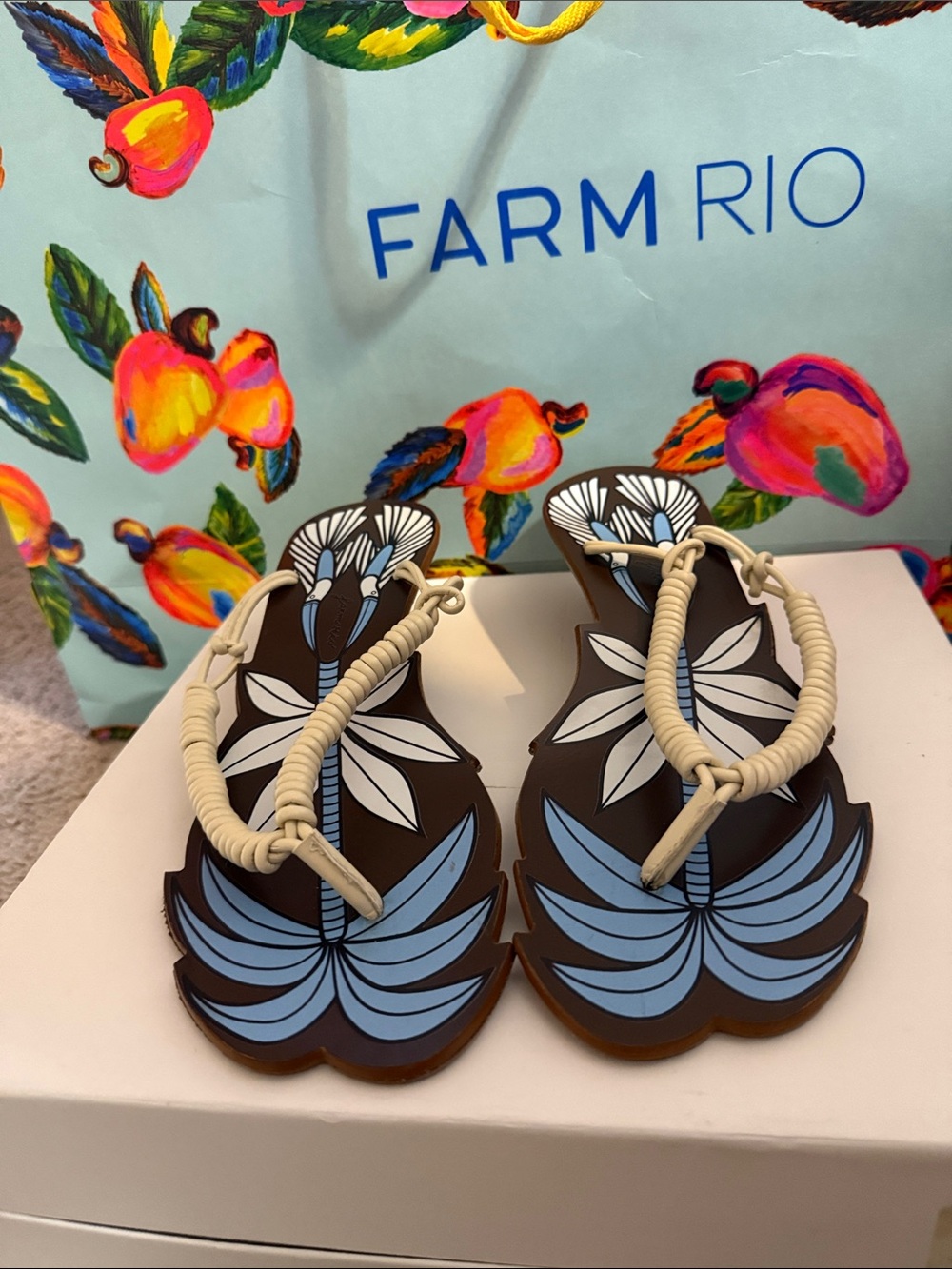 FARM Rio Brown Floral-Print Sandals with Beige Straps and Blue Accents-no Box